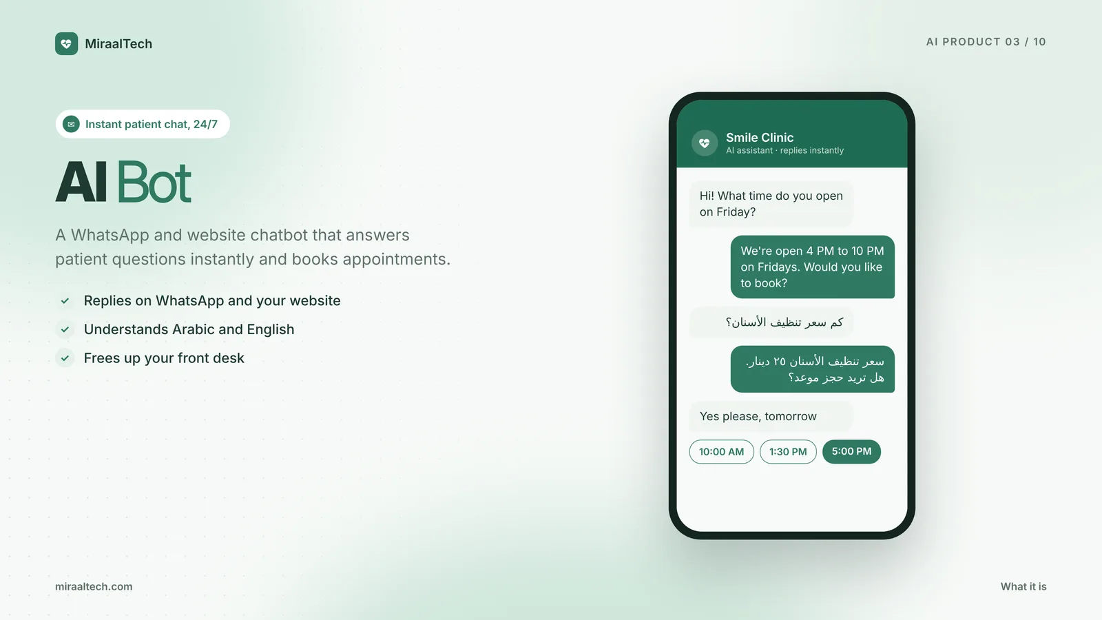 AI Bot answering patient questions on WhatsApp and the clinic website