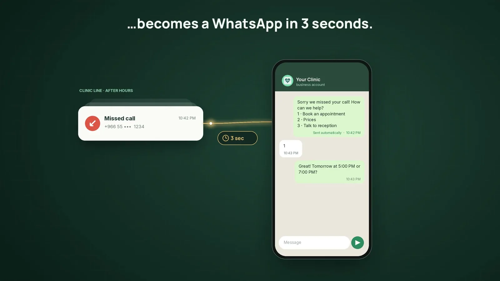 A missed clinic call turning into a WhatsApp reply