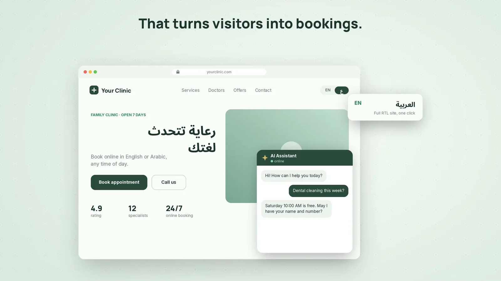 Bilingual clinic website turning a visit into a booked appointment