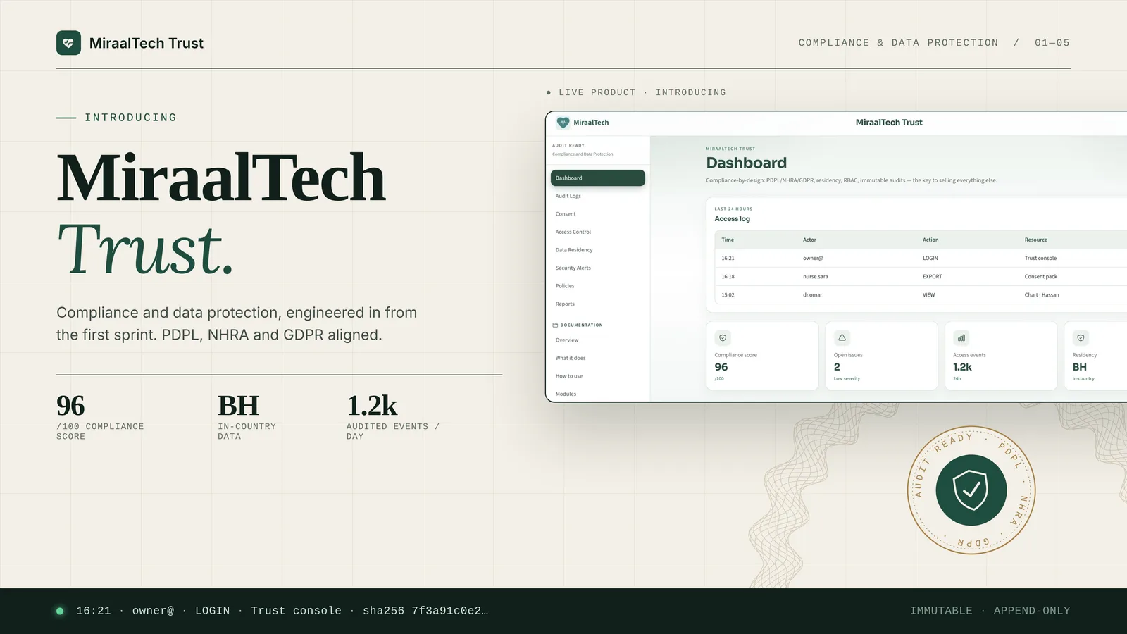 MiraalTech Trust dashboard for access, consent, and audit