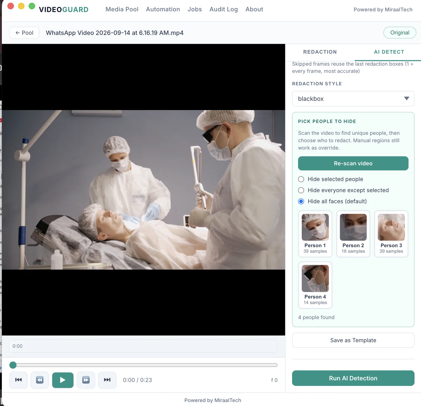 VideoGuard people picker after scanning unique faces in a clinic video