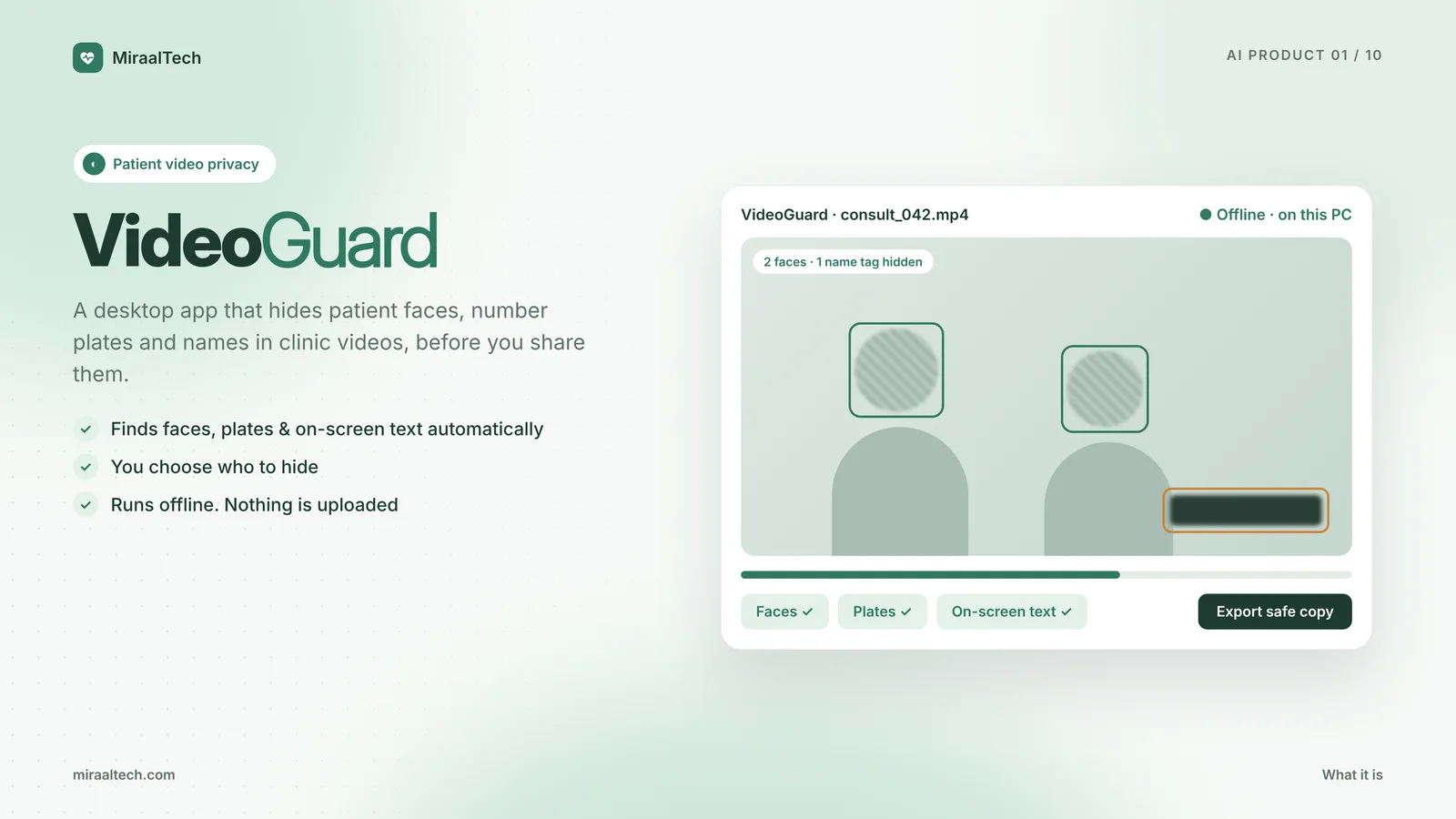 VideoGuard product frame showing on-device face, plate, and name redaction