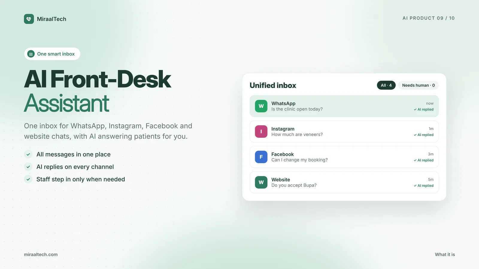 AI Front-Desk Assistant with WhatsApp, social, and website chat in one inbox