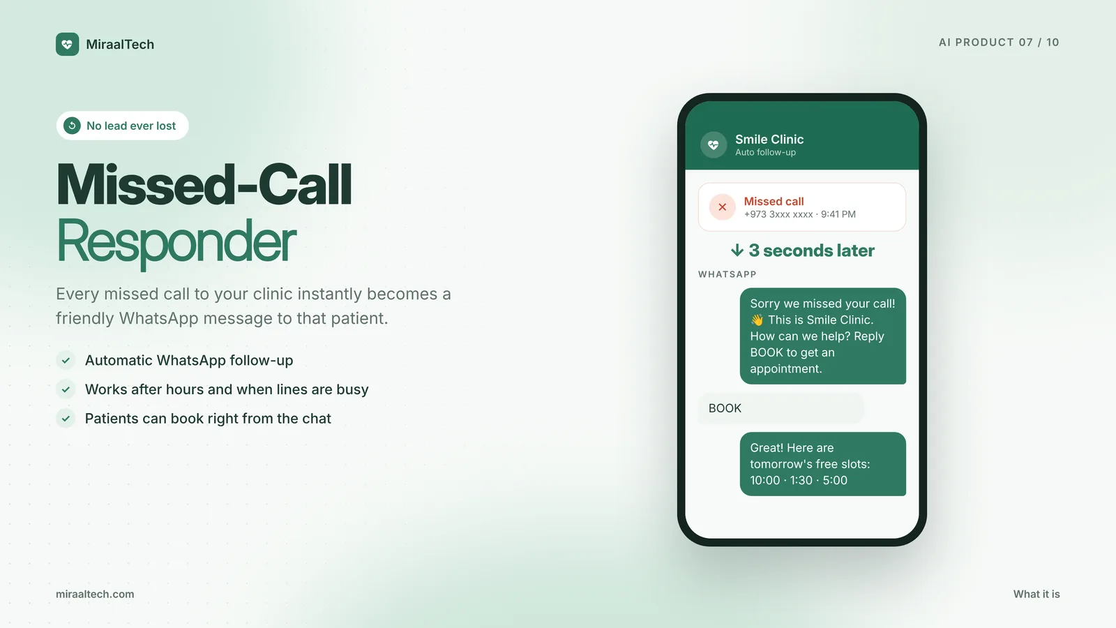 Missed-call responder turning a missed clinic call into a WhatsApp message