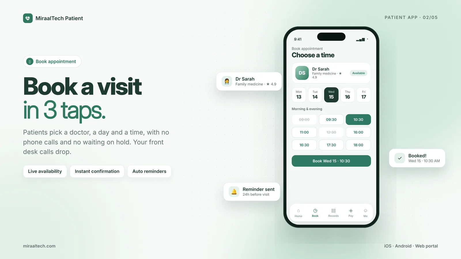A calm clinic reception with a patient confirming an appointment on their phone